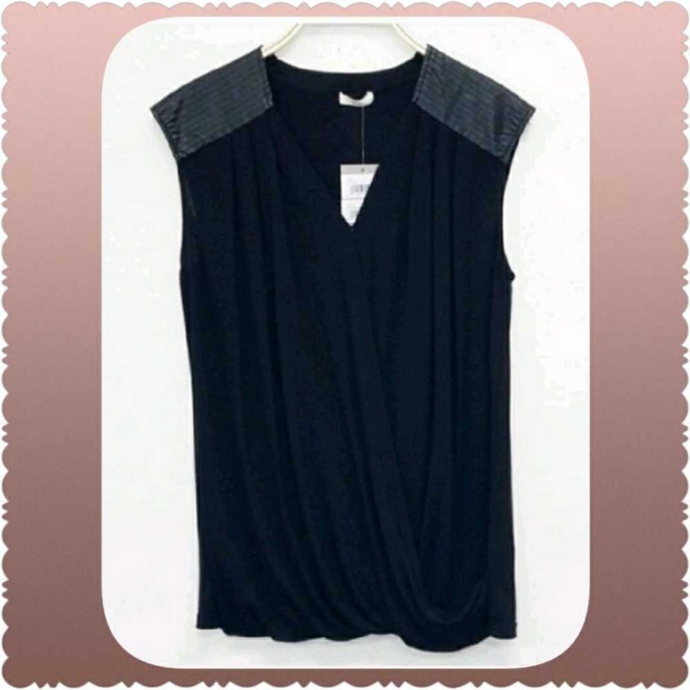 New Minus the Leather Black Drape Surplice Top